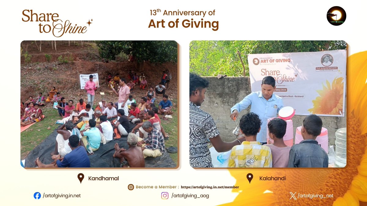 artofgiving_net's tweet photo. Marking the 13th International Day of Art of Giving, Mr. Asutosh Kumar Sahu, Mr. Bhaskar Pradhan, Ms. Dharmista Munda, Mr. Trinath Kanhar, Ms. Baisakhi Das, Mr. Kanhu Charan Sethi, Ms. Subera Kanhar, Mr. Kartika Dandasena, Ms. Dharitri Bhoi, Mr. Srimanta Kanhar, Ms. Shakuntala Hansdah, Ms. Shailaja Kumari Mahalik, Mr. Bhubnesh Naik, Ms. Bijaya Bagh, Ms. Gayatri Samel, Mr. Pulin Soren, Ms. Sonali Majhi, Mr. Sadhucharan Majhi, Mr. Ajay Kishan, Ms. Dipti Lakra joined the “Share to Shine” movement at Balasore, Kandhamal, Rayagada, Khordha, Kalahandi, Sambalpur, Mayurbhanj, Keonjhar, Jharsuguda, and Sundargarh, where simple gestures of sharing created meaningful moments of joy and connection. The initiative beautifully reflected the spirit of generosity and collective well-being.