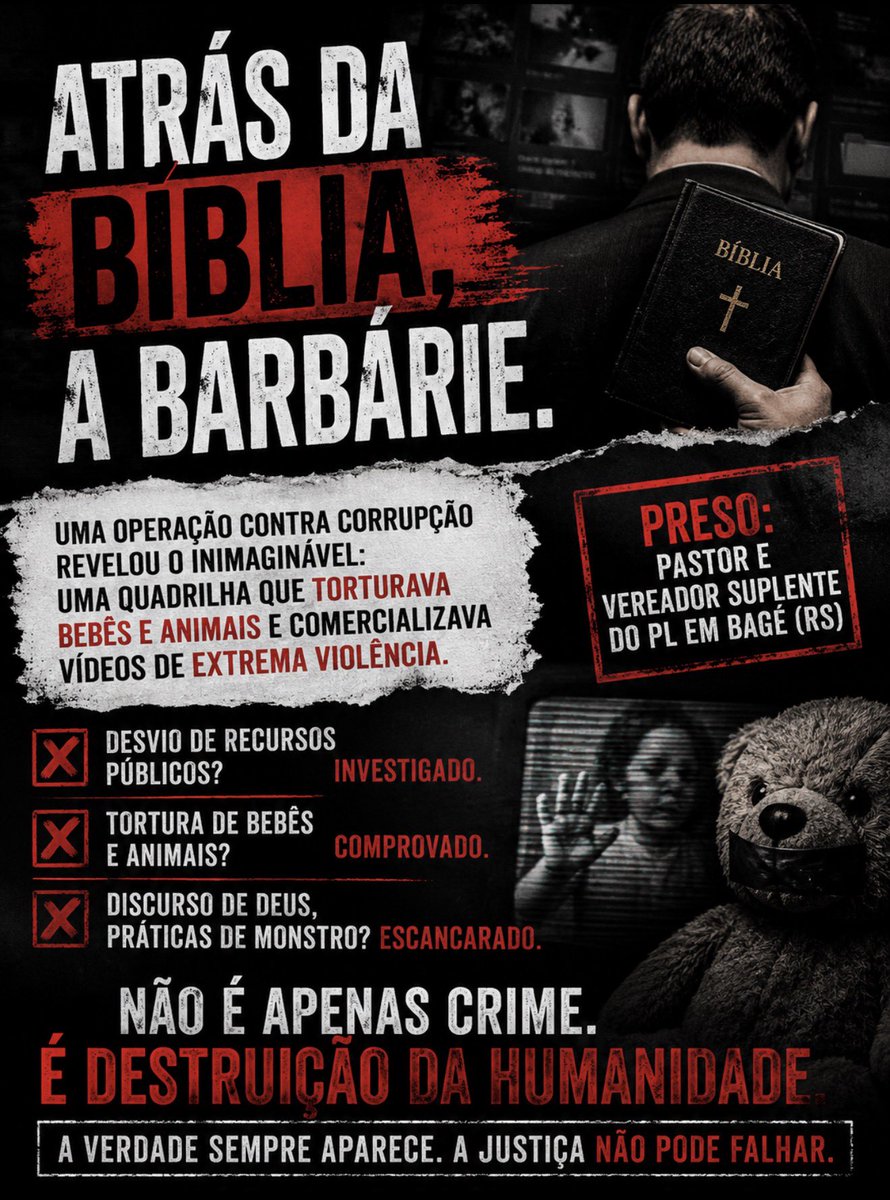 roberta_bastoss's tweet photo. Uma investigação da Polícia Federal que começou para apurar um esquema de desvio de recursos públicos destinados à compra de combustíveis acabou revelando um caso de pedofilia no Rio Grande do Sul. 

Durante a análise do celular de um dos investigados, os agentes descobriram uma quadrilha que comercializava vídeos de tortura e conteúdo sexual contra bebês e animais.

Entre os presos está o pastor evangélico e vereador suplente do PL em Bagé (RS), Tiago Ximendes. 

Segundo a investigação, foi no celular dele que a polícia encontrou o material que permitiu identificar os demais suspeitos envolvidos no esquema criminoso.

A operação revelou que a apuração de um crime de corrupção levou à descoberta de uma rede ainda mais grave, investigada por produzir e comercializar conteúdos envolvendo conteúdo sexual e violência física contra vítimas vulneráveis.