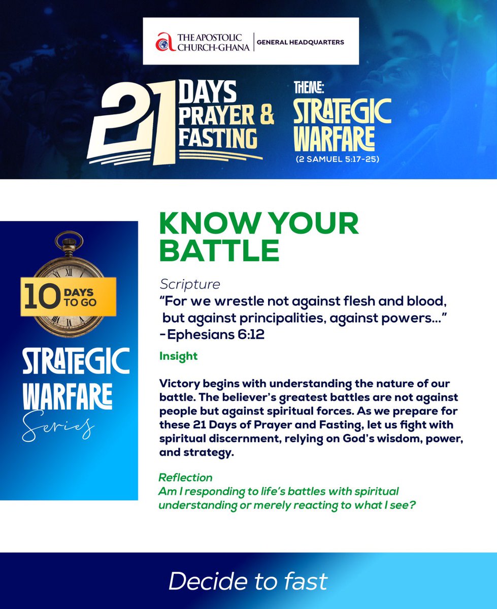 apostolicch_gh's tweet photo. 🔟 DAYS TO GO

Victory begins with knowing the battle you are fighting. Our struggle is not against flesh and blood, but against spiritual forces.

How are you preparing for the battle ahead?

#21DaysPrayerAndFasting
#StrategicWarfare
#TACGH
#Appointed https://t.co/vnaAPmOdCJ