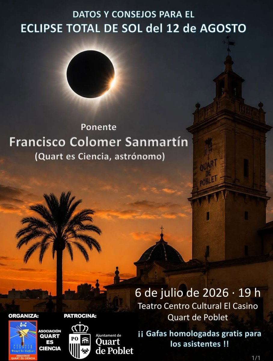 quartdepoblet's tweet photo. ☀️🕶️ Quart de Poblet acoge una charla para divulgar datos y consejos sobre el eclipse total de Sol del 12 de agosto

🎙️ La asociación Quart és Ciencia organiza una conferencia a cargo del astrónomo Francisco Colomer 

🔗 https://t.co/1WAJbBWGSB 
 
#eclipse2026 #EclipseSolarTotal https://t.co/GJofWY4fMo