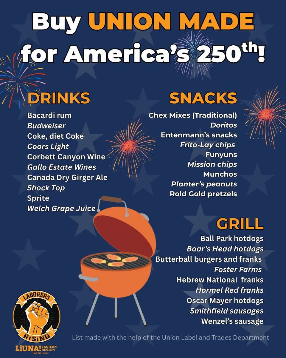 trainliunanjde's tweet photo. π This #IndependenceDay is special. America turns 250!
Let's celebrate with #unionmade products that support the working families who've been the backbone of our nation since its founding. https://t.co/v0mhEHBa9R