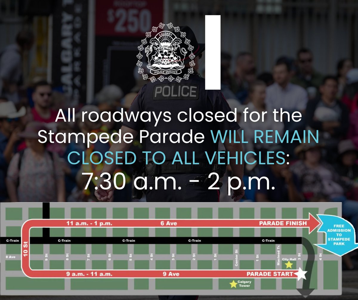 CalgaryPolice's tweet photo. 🤠 Plan to park Downtown for the #StampedeParade? Remember, if you park somewhere that exits onto the roads closed for the parade, you won’t be able to get out until 2 p.m. https://t.co/FsDn7nwjHt