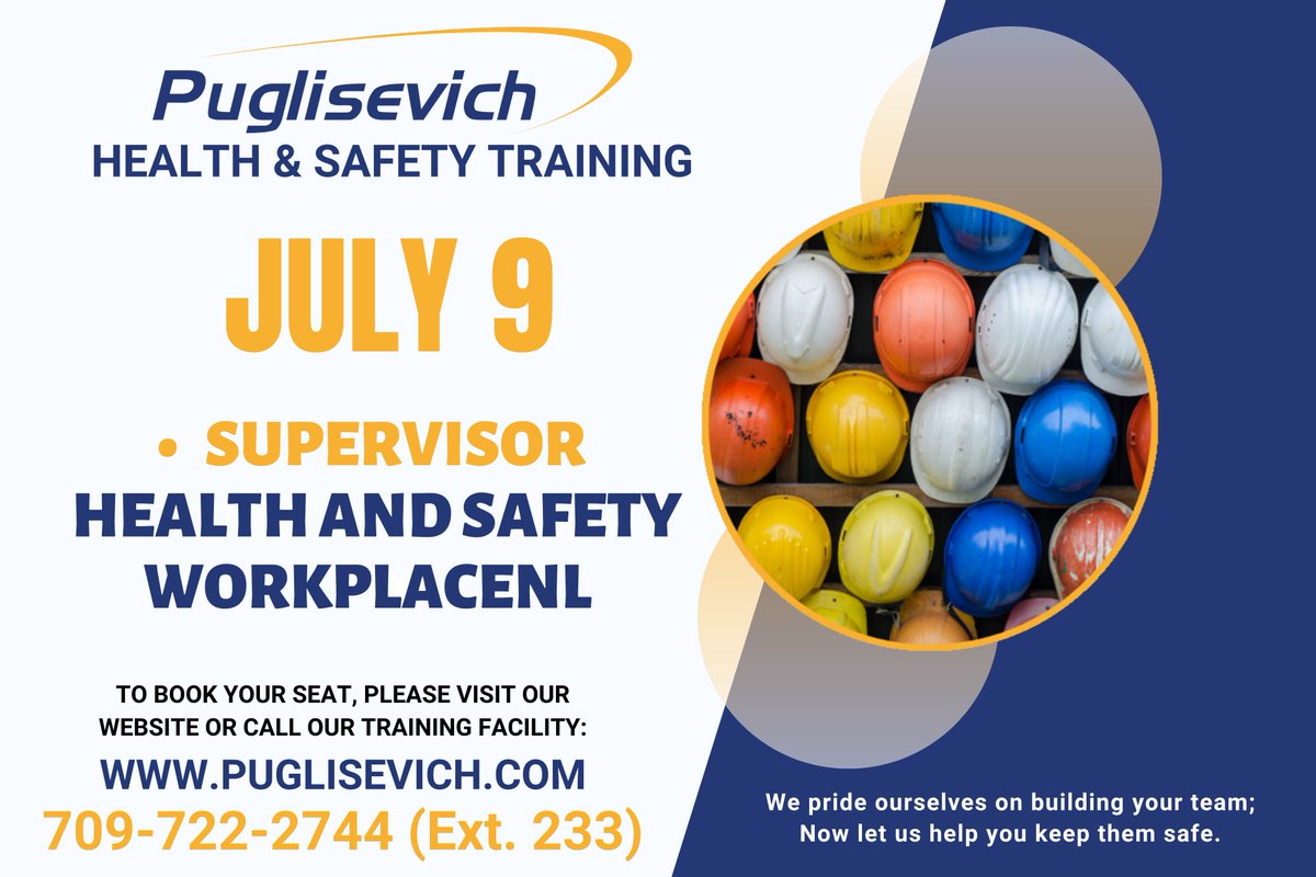 PCSLNL's tweet photo. Do you or anyone in your company require SUPERVISOR Health &amp; Safety training? 
We are offering this course on:
JULY 9th
Book your seat today!
Call: (709) 722-2744 (ext 233)
Email: training@puglisevich.com https://t.co/1l0DgdtThj