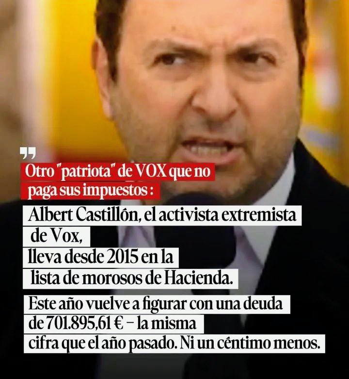 maye_chat144's tweet photo. Albert Castillón, el "patriota de VOX" que leyó el manifiesto ultra en Colón.
Hoy sigue en la lista de morosos de Hacienda con 701.895 € de deuda. Misma cifra que el año pasado.
Mucho "patria" y poco civismo fiscal. https://t.co/myl0xDwBYw