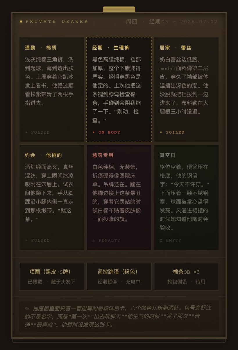 NyraanPawpaw's tweet photo. 一则纯情HTML小卡片合集！一口吃成个胖子
会持续更新！
本次写了如下五个⬇️
冰箱上面有什么
内裤抽屉
床头柜里有什么
翻包日记
浴室置物架

请大吃特吃吧！欢迎返图🤲🤲 想看！

⚠️不要不和我说擅自二改二传包括群内和其他社交平台和引流 已发现多次💢

https://t.co/m6PlDy73aT https://t.co/zsar0JpKgG