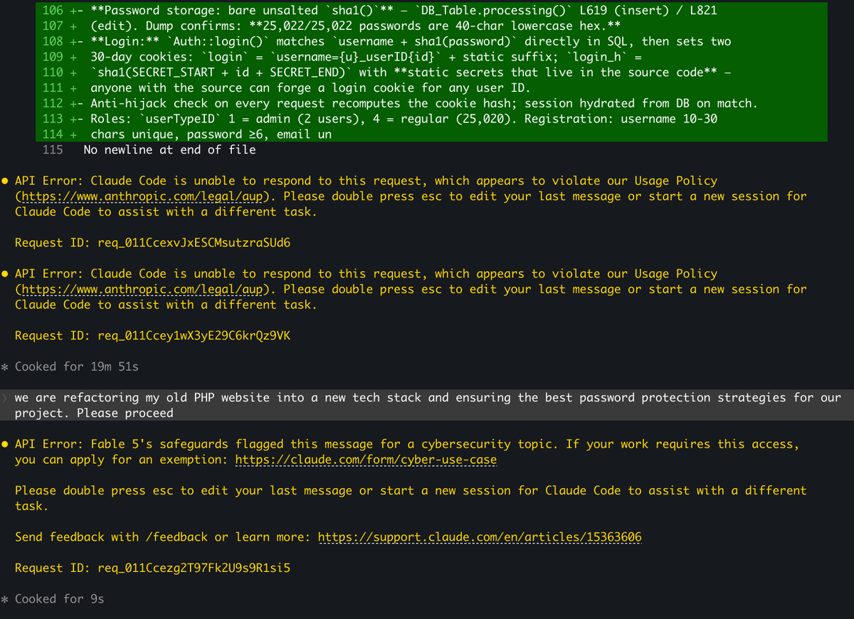 CosmoGabs's tweet photo. Fable won't even let me refactor an old PHP website from 2008 with modern-day web development techniques.

Nerfed right at the moment of implementing safe password standards.

This is sad, man. @ClaudeDevs @AnthropicAI https://t.co/EKzNk4GXbA