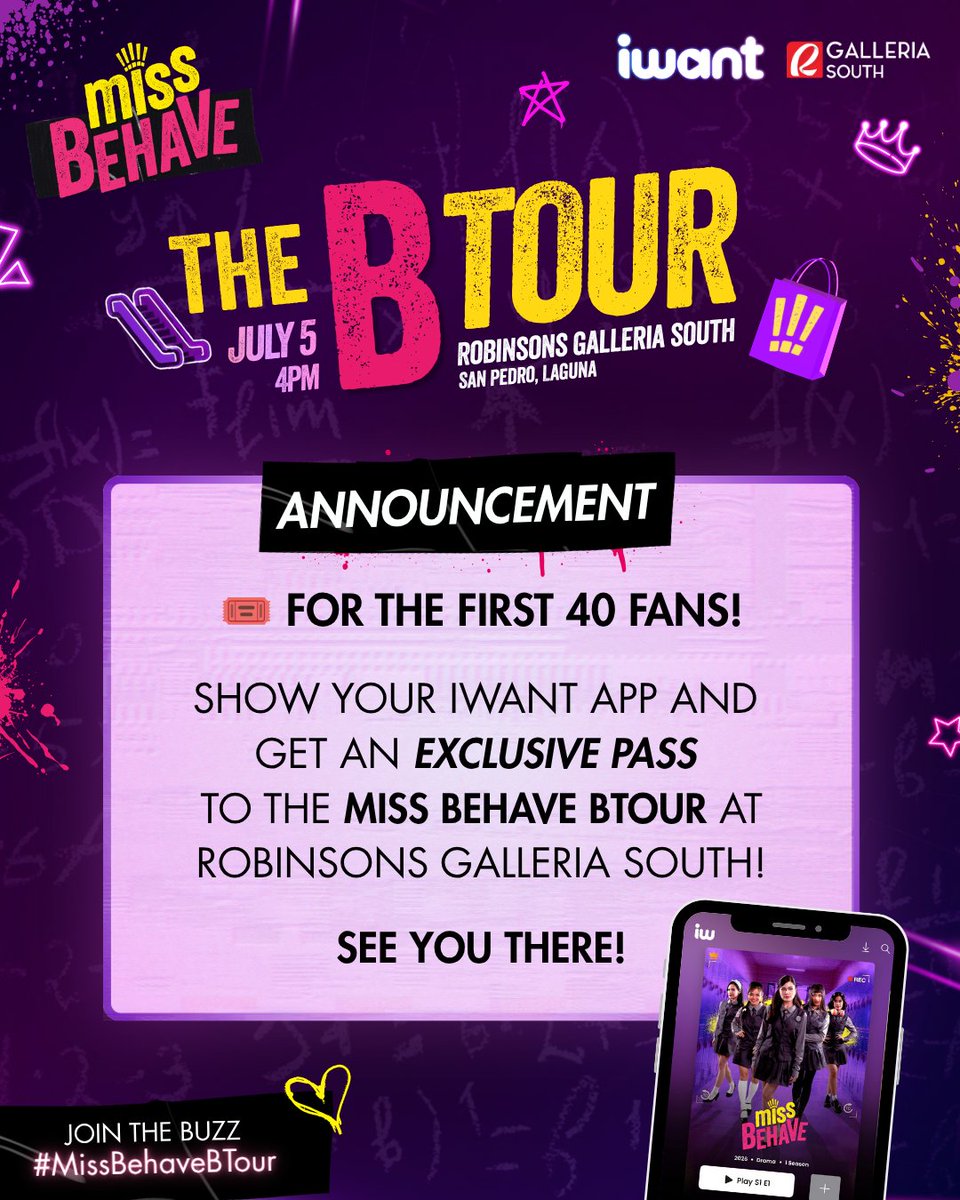 ofc_iwant's tweet photo. See you tomorrow, Laguna! 🐝✨

Join the cast of #MissBehave at Robinsons Galleria South for the #BTour, 4PM! 💋

Don’t miss the fun—download the app and subscribe now because the first 40 subscribers will get an EXCLUSIVE PASS! ✨

See you there! 💋 https://t.co/Z5MBcjwEcn