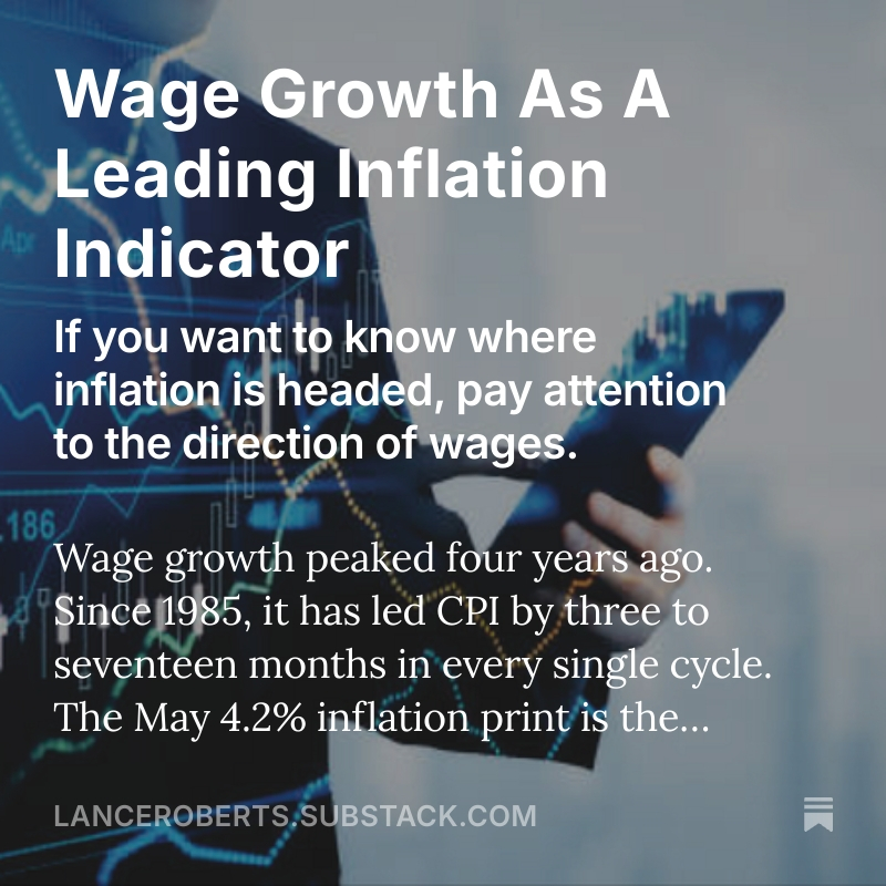 LanceRoberts's tweet photo. Today's #MacroView blog is out. Recent commentary has discussed the repeat of the inflation cycle of the 1970s. Is that possible? Maybe, but the one indicator with the highest predictive ability of future inflation is wages. So what are wages telling us?
https://t.co/WjJyCYuu6J https://t.co/OvKCDYVmcF