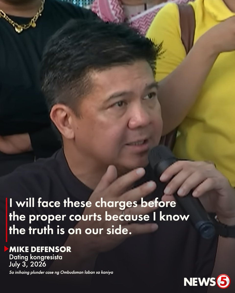 News5PH's tweet photo. ‘I HAVE NOTHING TO HIDE AND NOTHING TO FEAR’

Nanindigan si dating congressman Mike Defensor na haharapin niya ang inihaing plunder case ng Ombudsman laban sa kaniya.

Nag-ugat ang plunder case sa umano’y tinanggap na undeclared campaign donation ni Sen. Rodante Marcoleta mula kay Defensor at iba pang indibidwal.

“The accusation is anchored on campaign donations. Yet there was no government fund involved… Paano naging plunder iyon?” pagkuwestiyon ni Defensor sa basehan ng kaso.

“If they think these cases will silence me from exposing the flood control corruption, they are mistaken,” dagdag niya.