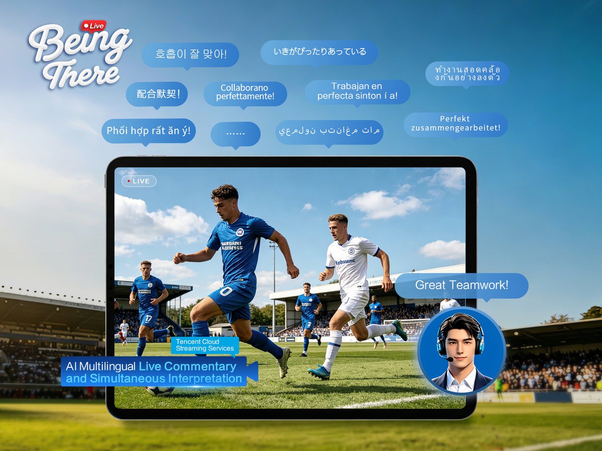 TencentMediaAI's tweet photo. Language barriers holding back your global sports live streams? 

Effortless localization, stronger user engagement for worldwide audiences:
· Multi-style real-time AI commentary 
· 20+ languages simultaneous interpretation
· ASR &amp; TTS &amp; voice cloning https://t.co/GjoAROwBam