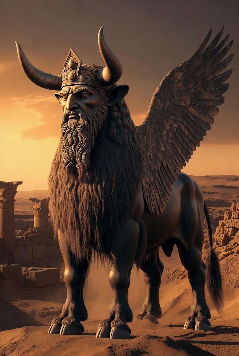 AtlasOfWisdom's tweet photo. Before soldiers, before walls, ancient Assyrian cities were guarded by something more unsettling than any weapon: the #Lamassu. A stone creature with a human face, bull body and eagle wings, placed at gates to make you feel watched long before you entered. https://t.co/UWZ4yMGjw2