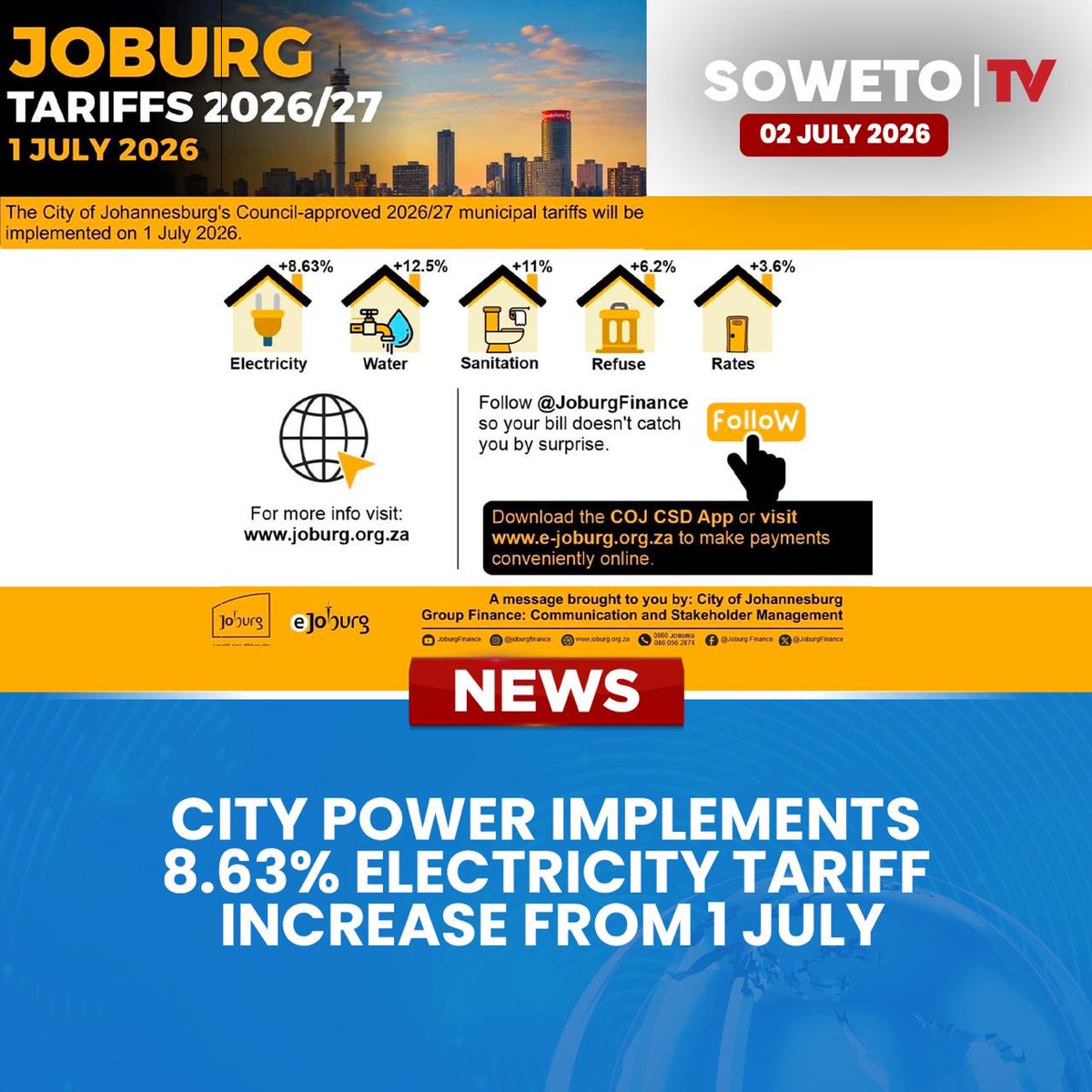 SowetoTVchannel's tweet photo. City Power has implemented an 8.63% electricity tariff increase from 1 July, saying the adjustment will help maintain infrastructure while supporting qualifying customers.

Published: 02 July 2026

#SowetoTVNews #CityPower #Electricity #TariffIncrease #Energy #NERSA #Eskom https://t.co/828lpZXnqb