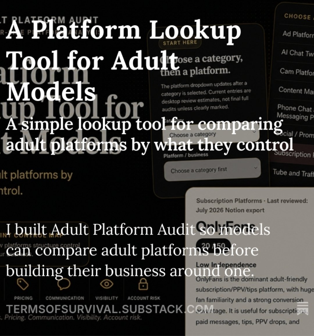 jennsteelexxx's tweet photo. I built a lookup tool for adult creators.
It compares adult platforms by what they control: clients, payments, pricing, communication, visibility, rules, account risk, and portability.
Not a recommendation list. Not a safety rating. Links in comments. https://t.co/lOc8ceXTFG