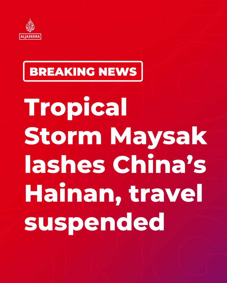 BREAKING: Tropical Storm Maysak lashes Chinas southern island province of Hainan, making landfall with strong winds and forcing the suspension of flights, rail services and ferries.
