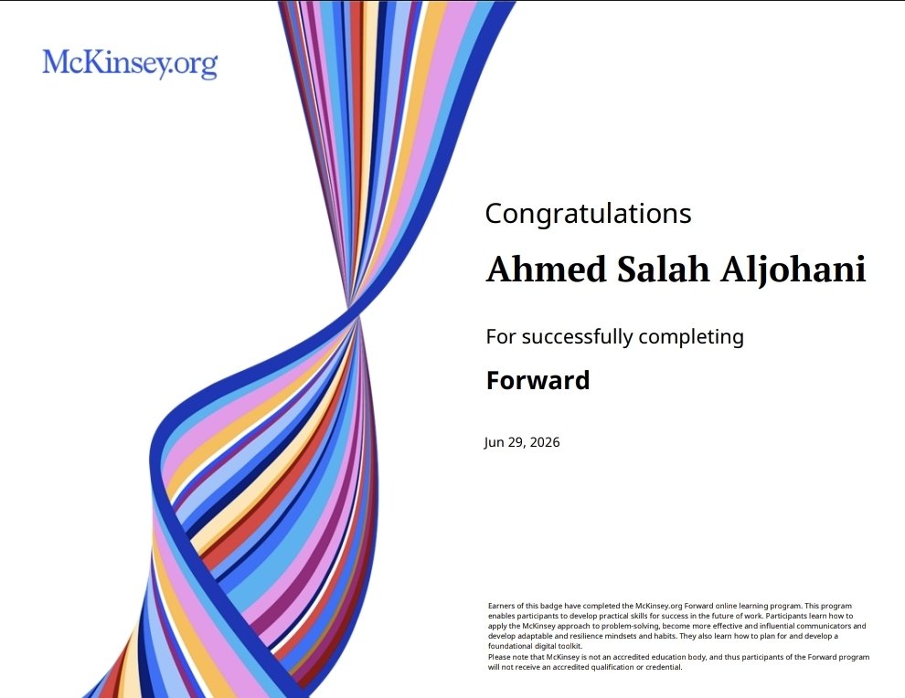 LabCHMG's tweet photo. ال��مدلله، خلصت اليوم برنامج McKinsey Forward بعد 10 أسابيع من التعلم المكثف. 
​رحلة غيرت نظرتي لطريقة حل المشكلات، وطورت مهاراتي في التواصل والمرونة والتكيف مع بيئة العمل،​متحمس أطبق اللي تعلمته.
​@McKinsey
#McKinseyForward
#McKinseyCompany 
#ProblemSolving #Leadership https://t.co/dHxv1DtiFR