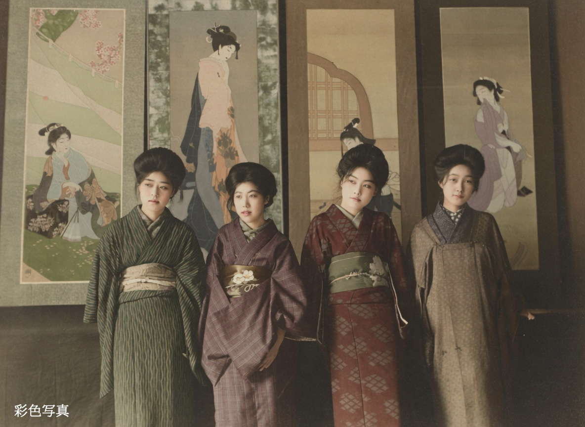 old_nippon's tweet photo. 1916年（大正5年）に大阪三越で開催された「女四人の会」で撮影された、若き女性画家たちの記念写真。左から岡本更園、木谷千種、島成園、松本華羊の4人が、それぞれの作品の前で写っています。
彼女たちは男性中心だった美術界において、独自のスタイルで活躍しました。 https://t.co/fXz3cjlMfI