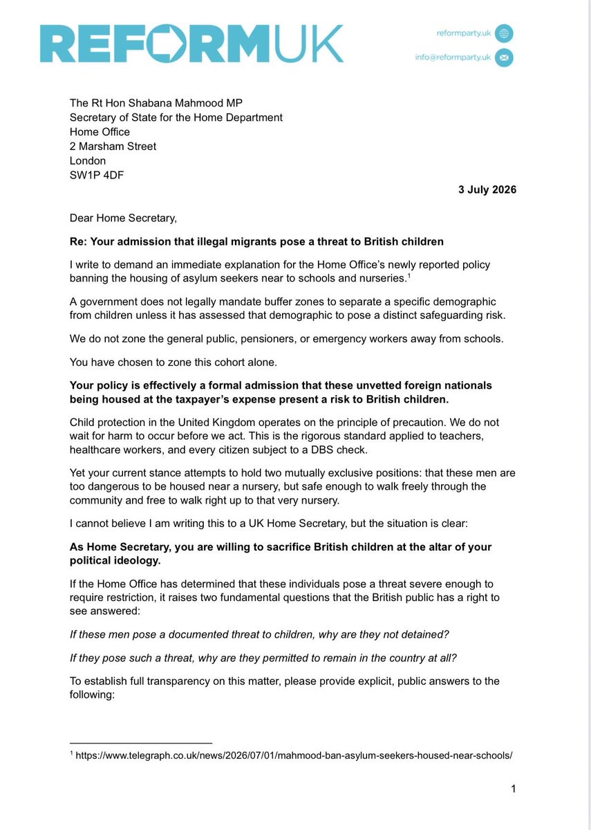 reformparty_uk's tweet photo. By banning asylum seekers from being housed near schools and nurseries, Labour has effectively admitted these unvetted foreign nationals pose a risk to British children.

So why aren't they being detained and deported?

Read @ZiaYusufUK's letter to the Home Secretary. 👇 https://t.co/Mz88LVWCLd