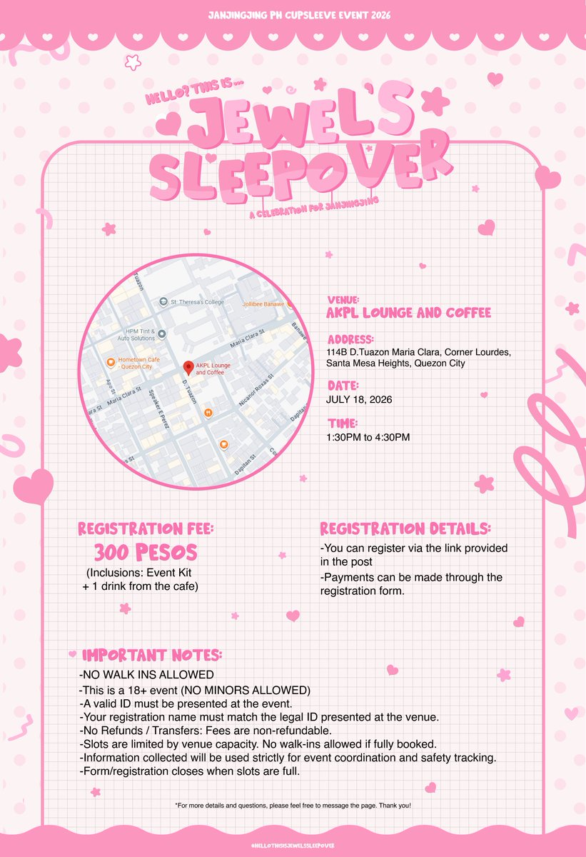 janjingjing_ph's tweet photo. Hey Jewels!!! ❤️🩷🦊🐯

Grab your PJs, stuffed animals, blankets, and pillows, and join us for a cozy cafe afternoon, in our first ever Cupsleeve event! 
 
Let's all play some games, make new friends, chat and have a fun time together.

Spots for this event are limited to 30, because of venue restrictions. Due to this, we also unfortunately won't be able to accept walk-ins.

Attached is our registration form, and we kindly ask that you read the details of our event post before registering. Hope to see you there!! <33

Registration form: https://t.co/6GkgIefcBA

#hellothisisjewelssleepover