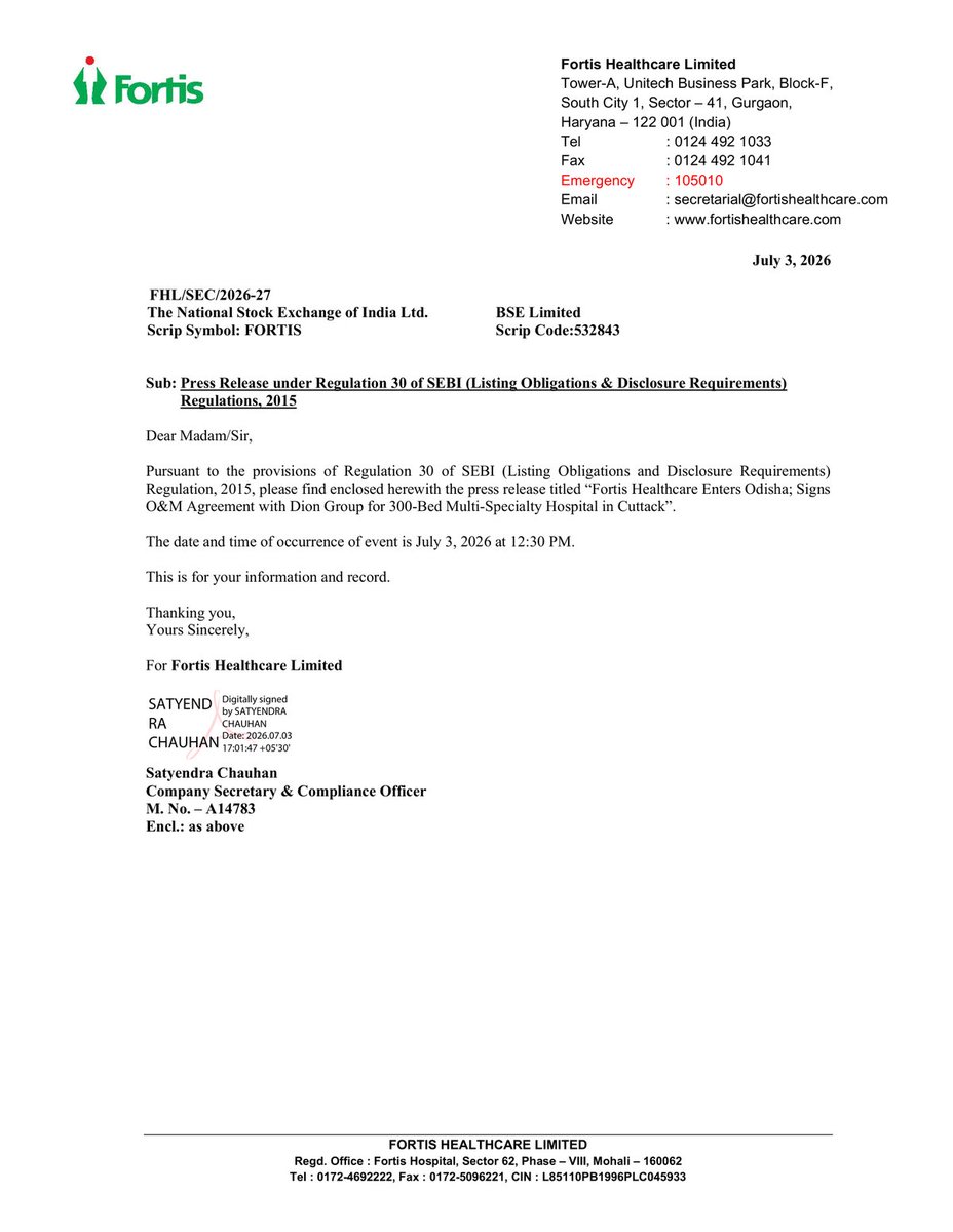 _Investor_Feed_'s tweet photo. 🏥 Fortis Healthcare Expands to Odisha with 300-Bed Hospital in Cuttack! | MCap 72,038.11 Cr

- Fortis Healthcare signs O&M agreement for a 300-bed multi-specialty hospital in Cuttack, Odisha—its first major presence in the state.
- The hospital will be located at Dion Riverside Township, Trishulia, serving as a tertiary care hub for Odisha and neighboring regions.
- Fortis currently operates 36 healthcare facilities with over 6,000 operational beds and 400 diagnostics labs across 12 states/UTs.
- Expands access to advanced healthcare in Eastern India, reducing patient travel outside the state for specialized care.
- Collaboration with Dion Group (40+ years in Odisha infrastructure) aligns with Fortis' asset-light expansion strategy.

Disc: Information provided in above tweet can be inaccurate, verify through the source i.e. attached image(s) & in reply before making any investment decision.