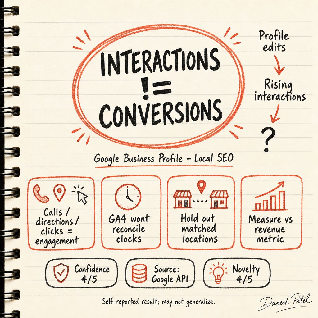daxeshpatel's tweet photo. Wiring Business Profile into GA4 won't make interactions conversions. Different clocks, different definitions. Hold out locations or you scale a dashboard. #LocalSEO #Analytics https://t.co/vIm1mdnYGV