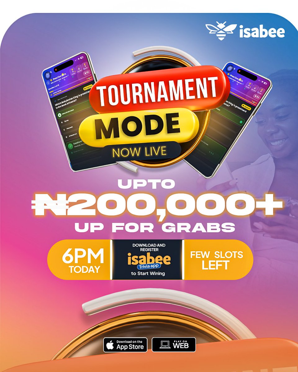 IsabeeTrivia's tweet photo. #TGIF just got better with our tournament mode

Download Isabee today and sign up for our tournament mode to stand a chance of winning up to NGN200,000! 

Friday can’t get sweeter than this 

#Isabee #Trivia #Play https://t.co/XKCMLBRPap