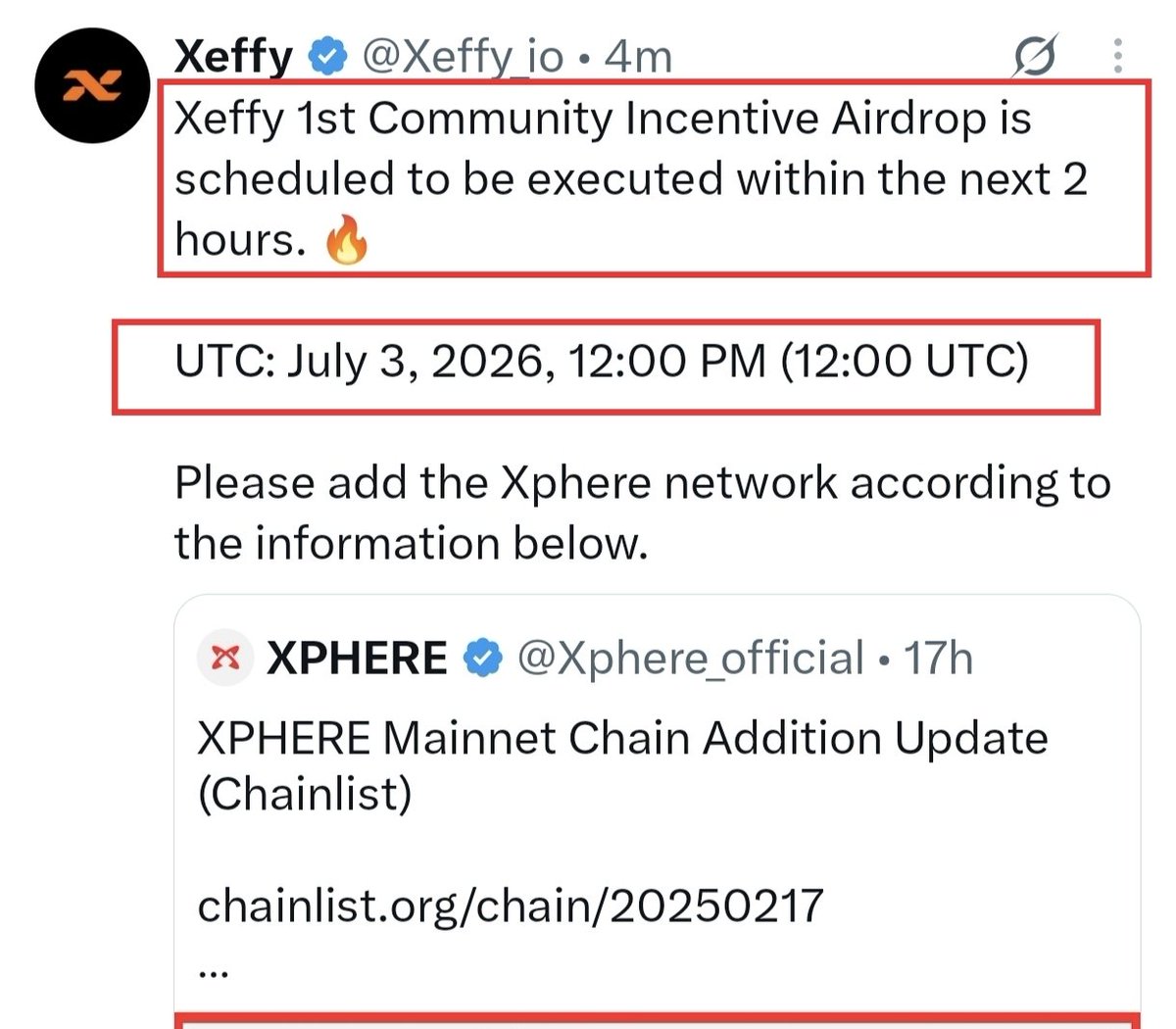 NiSHaLKiTeCH's tweet photo. 🚨 $𝗫𝗘𝗙 𝗖𝗼𝗺𝗺𝘂𝗻𝗶𝘁𝘆 𝗔𝗶𝗿𝗱𝗿𝗼𝗽 𝗨𝗽𝗱𝗮𝘁𝗲!

The Xeffy team has announced that the first Community Incentive Airdrop is expected to arrive within the next few hours. If you're eligible, keep an eye on your wallet and make sure you've already added the Xphere Mainnet.

𝗠𝗮𝗻𝘆 𝗽𝗲𝗼𝗽𝗹𝗲 𝗮𝗿𝗲 𝗮𝘀𝗸𝗶𝗻𝗴 𝗵𝗼𝘄 𝘁𝗼 𝘂𝘀𝗲 𝘁𝗵𝗲𝗶𝗿 $𝗫𝗘𝗙 𝗮𝗳𝘁𝗲𝗿 𝗰𝗹𝗮𝗶𝗺𝗶𝗻𝗴 𝗶𝘁, 𝘀𝗼 𝗵𝗲𝗿𝗲'𝘀 𝗮 𝗾𝘂𝗶𝗰𝗸 𝗴𝘂𝗶𝗱𝗲 👇  

✅ Check your wallet on Xphere Mainnet and confirm your $XEF has arrived.

🔄 To swap:
• Open PumpkinSwap
• Connect your wallet
• Switch to Xphere Mainnet
• Select XEF → USDX
• Confirm the swap

🌉 To bridge:
• Open the Bridge section
• Source: Xphere
• Choose your destination chain
• Enter the amount
• Confirm the transaction

⚠️ You'll likely need a small amount of $XP for gas to send, swap, or bridge your tokens. You can get $XP from a supported exchange or wait while we confirm the exact gas requirement after distribution.

I'll test everything once the airdrop is live and share:
• Exact gas fee needed
• Working swap & bridge steps
• Any issues or fixes
• The easiest way to manage your $XEF

I'll also try to help some community members with gas if possible, so stay active in our Telegram community for updates.

Remember: You don't have to rush. Do your own research and decide whether to hold or use your tokens.

𝗚𝗼𝗼𝗱 𝗹𝘂𝗰𝗸 𝗲𝘃𝗲𝗿𝘆𝗼𝗻𝗲! 🚀

#Xeffy #XEF #Xphere #Crypto #Airdrop