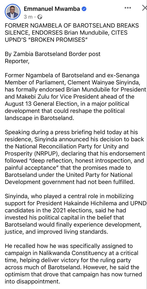 Mike42726245's tweet photo. Brian mundubile endorsed by Former ngambela of Barotseland https://t.co/u46X22BnhH