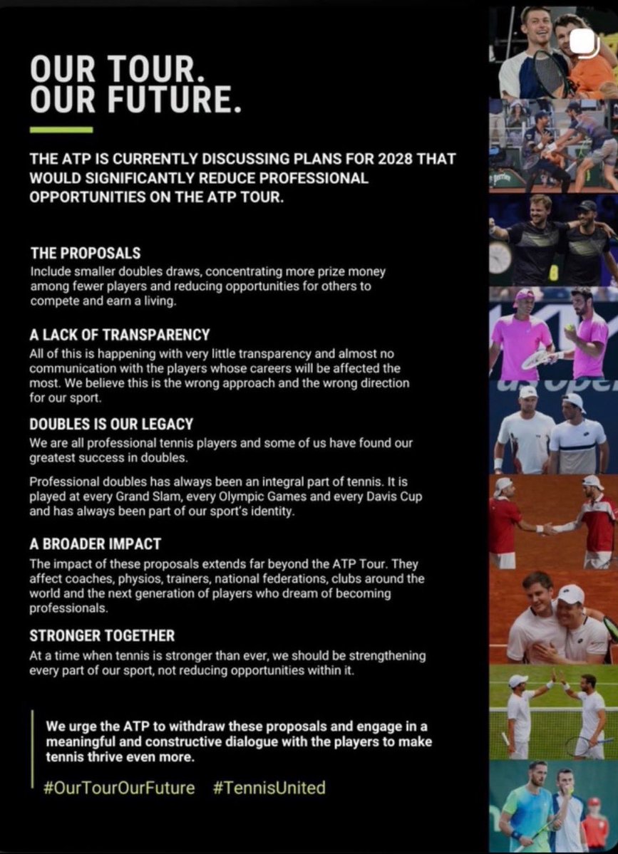 BenRothenberg's tweet photo. The doubles players put out this statement objecting to the ATP overhauls to reduce doubles that I reported on in the below article.

I don’t see any convincing counter arguments here, really. More transparency, sure, but “tradition” is a weak card and it seems to be their best. https://t.co/3yUMKWgWrZ