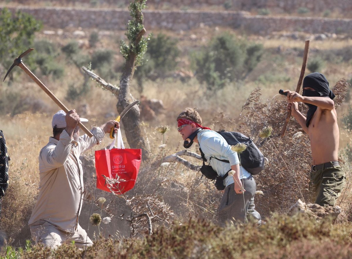 EyeonPalestine's tweet photo. A Palestinian farmer confronts a masked Israeli settler who attacked farmers and activists in the lands of the West Bank village of Khirbat 'Abu Falah. https://t.co/Rl9uBj50tX