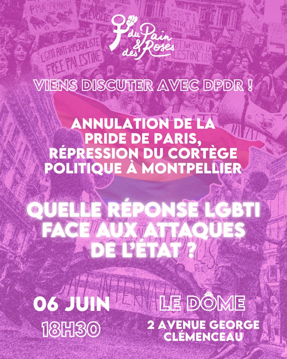 lepoinglevemtp's tweet photo. 🟣 RÉUNION PUBLIQUE : Annulation de la pride de Paris, répression du cortège politique à Montpellier, quelle réponse LGBTQI face aux attaques de l’Etat ? 

📆 RDV le lundi 6 juin à 18h30 au Dôme https://t.co/3c6cMtEukc