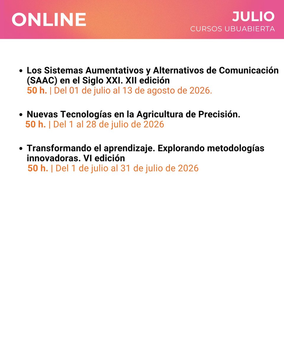 CursosUBU's tweet photo. CURSOS UBUABIERTA JULIO ⛱️

Más información y matrículas 👉 https://t.co/SpIF5Ti0u3 https://t.co/BiSBLj4ecA