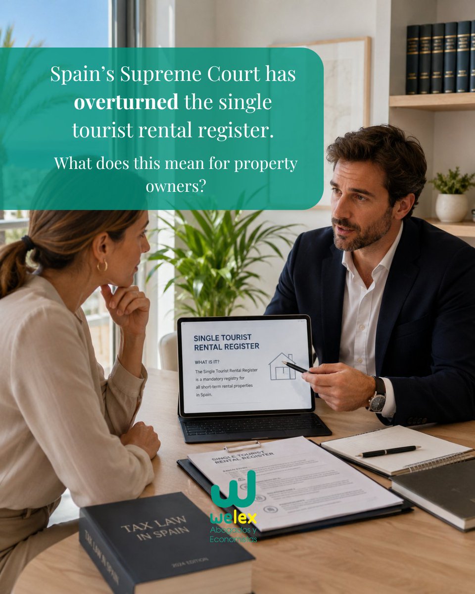 WelexLaw's tweet photo. Spain’s Supreme Court has overturned the single tourist rental register, simplifying one administrative step for property owners.

Read the full article on our website to learn what this ruling means for your property: https://t.co/KAYFuJZVia 

#Welex #SpanishLawyers https://t.co/Qz9SQW4q2O