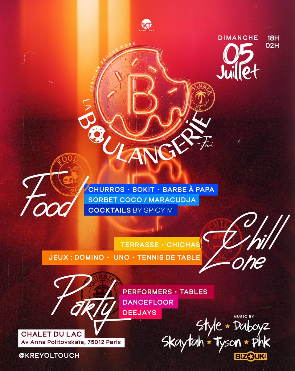 KREYOLTOUCH_'s tweet photo. 🥐 Le Menu du Boulanger Fwi #TonProgramme

Ce dimanche, la Boulangerie Fwi ouvre ses portes ! ✨
Gourmandises, cocktails, jeux, terrasse chill et ambiance musicale…🍹🎶🔥

Viens partager un moment convivial à la Boulangerie !

📍 Chalet du Lac – Paris
🕕 18h – 02h

#TonProgramme #BoulangerFwi #SundayVibes #KreyolTouch

🔺RÉSA DE TABLE(S) : 06 11 74 48 78 (Sms / Whatsapp uniquement) 

ℹ️ Plus d’infos & Billetterie (Lien en Bio) : https://t.co/qJCmJq8M4D