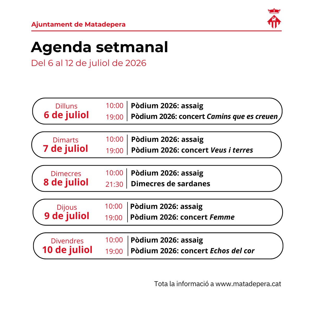 AjMatadepera's tweet photo. Agenda setmanal d'activitats

🗓️Del 6 al 12 de juliol de  2026
ℹ️Tota la info a https://t.co/kSGTni6RFM 

#Matadepera https://t.co/sI5ffcpE1R