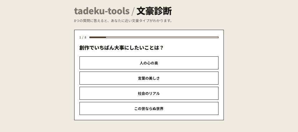 tadeku_net's tweet photo. 文豪診断を作ってみたので、よければ遊んでみていただいても良いでしょうか……🙏

https://t.co/8wDtXE8NBf https://t.co/iLISPrdtj2