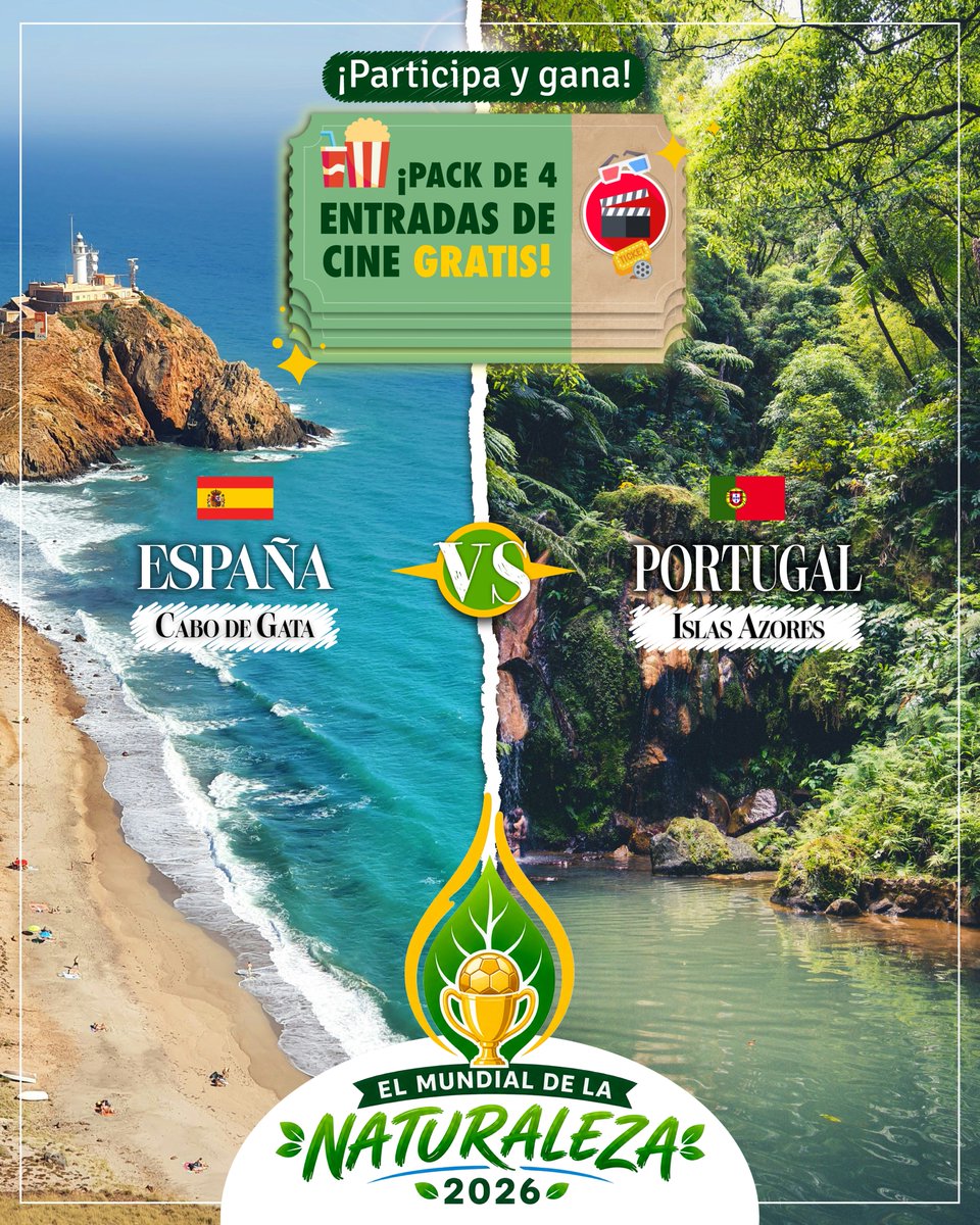 HacesMas's tweet photo. 🔴  NUEVO SORTEO 🔴
🍿 Gana 4 entradas de cine 🍿 para ver la película que quieras con quien tú quieras.

España VS Portugal.
¿Qué país tiene mejores entornos naturales?

1️⃣ Sigue @HacesMas  y menciona a dos amigos
2️⃣ Elige en comentarios "España" o "Portugal" y si tu país coincide con el ganador del partido, entrarás en el sorteo del premio

¡Participa hasta el lunes 6 a las 20:00!