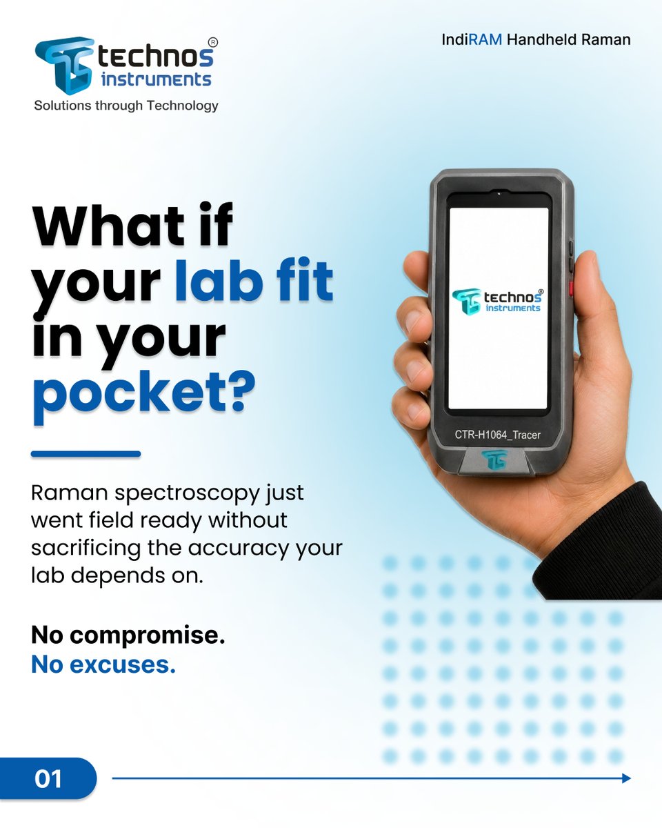 TechnoSInstrume's tweet photo. What if your entire lab fit in your pocket? 🔬
No. Seriously.

IndiRAM by TechnoS Instruments just made handheld Raman spectroscopy a reality without sacrificing a single thing your analysis depends on.

Swipe to see why traditional Raman was holding scientists back → and how IndiRAM changes everything. ➡️

Used in pharma, food safety, forensics, gemology, and explosive detection, this isn't a concept. It's already in the field.
Ready to take your analysis off the bench?

📞 +91 80022 20052 | 🌐 https://t.co/kumaDHsizk

#handheldRaman #RamanSpectroscopy #PharmaScience #forensicscience #ScienceInnovation