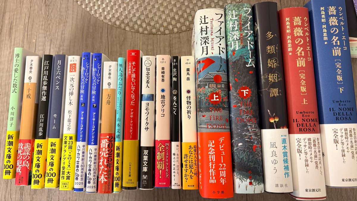 nuumeruchan's tweet photo. あとは本日の子たち
『ファイア・ドーム』たのしみ！
個人的に『薔薇の名前』は見かけて即カゴに入れた…むかーーーし、文庫で探したときは君どこにもおらんかったやん…令和の現代におったんかい…
今日は二度目ましての子も多く、比較的すらっと終わりそう

 #読書
 #読書好きな人と繋がりたい https://t.co/urRg4sJOJM