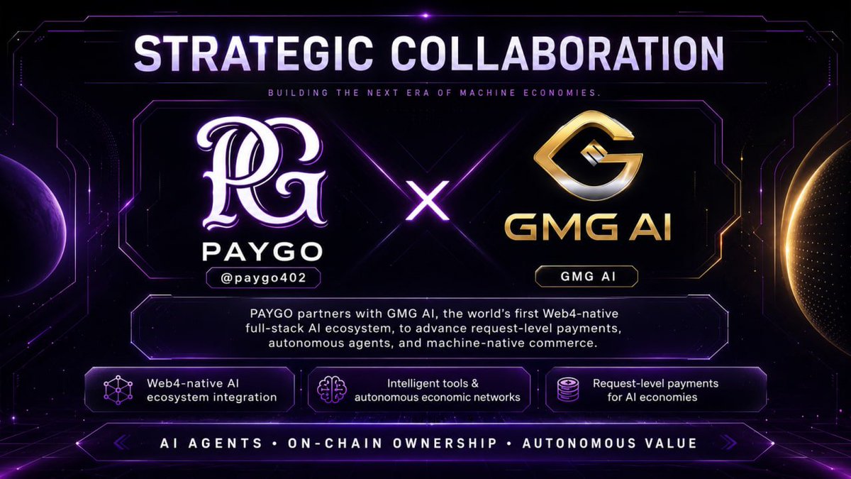 GMG_AI's tweet photo. 🤝 PAYGO Officially Announces Partnership with GMG AI

This is not just another collaboration.
It marks the connection between AI Agent payment infrastructure and the Web4-native full-stack AI ecosystem.

PAYGO enables AI Agents to automatically pay, call services, and complete settlements through request-level payments.

GMG AI is building across AI quantification, AI prediction, intelligent tools, digital payment, and the Web4 value economy.

One provides the machine payment layer.
The other provides the AI ecosystem scenarios.

📍The first integration scenario has entered joint development, with more details to be announced soon.

From every request to every settlement,
Web4’s autonomous value network is taking shape. 🚀

🔗 PAYGO official announcement:
https://t.co/hnrXoEGJmr

#GMGAI #PAYGO #Web4 #AIAgent #MachineEconomy