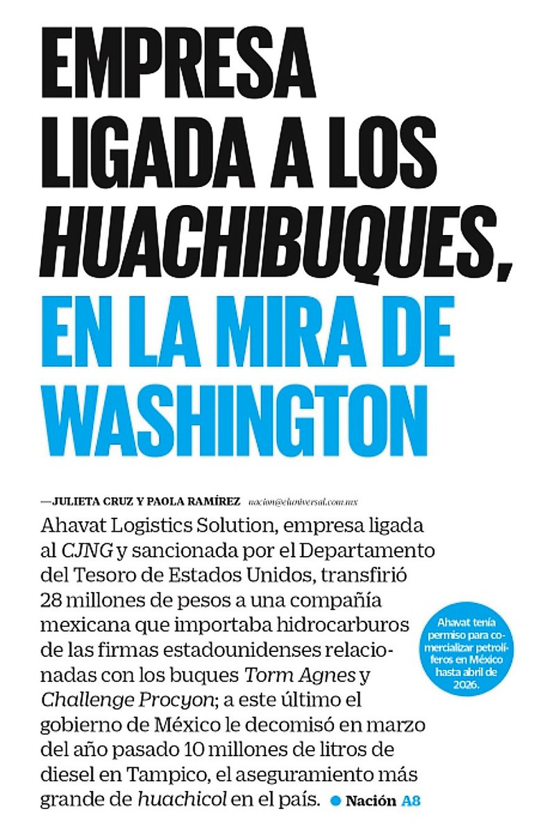 Melissa_Bely's tweet photo. 🚨 ESCÁNDALO 

No fue con Calderón.
No fue con Peña Nieto.

Fue con López Obrador y NO se "dieron cuenta"

👇

En 2021, Ahavat Logistics Solution, empresa ligada al Cártel Jalisco Nueva Generación (CJNG) y sancionada por la OFAC, transfirió 28 millones de pesos a una compañía implicada en una red de contrabando de combustible relacionada con los cargamentos de los buques huachicoleros Challenge Procyon y Torm Agnes.

La compañía texana fue la responsable de despachar el cargamento del buque Torm Agnes, el cual introdujo ilegalmente 11 millones de litros de diésel a través de los puertos de Guaymas, Sonora, y Ensenada, Baja California, en marzo de 2025. 

El esquema de contrabando consistía en ingresar el combustible simulando que se trataba de aceites y lubricantes. Así se elude el impuesto correspondiente en territorio mexicano.