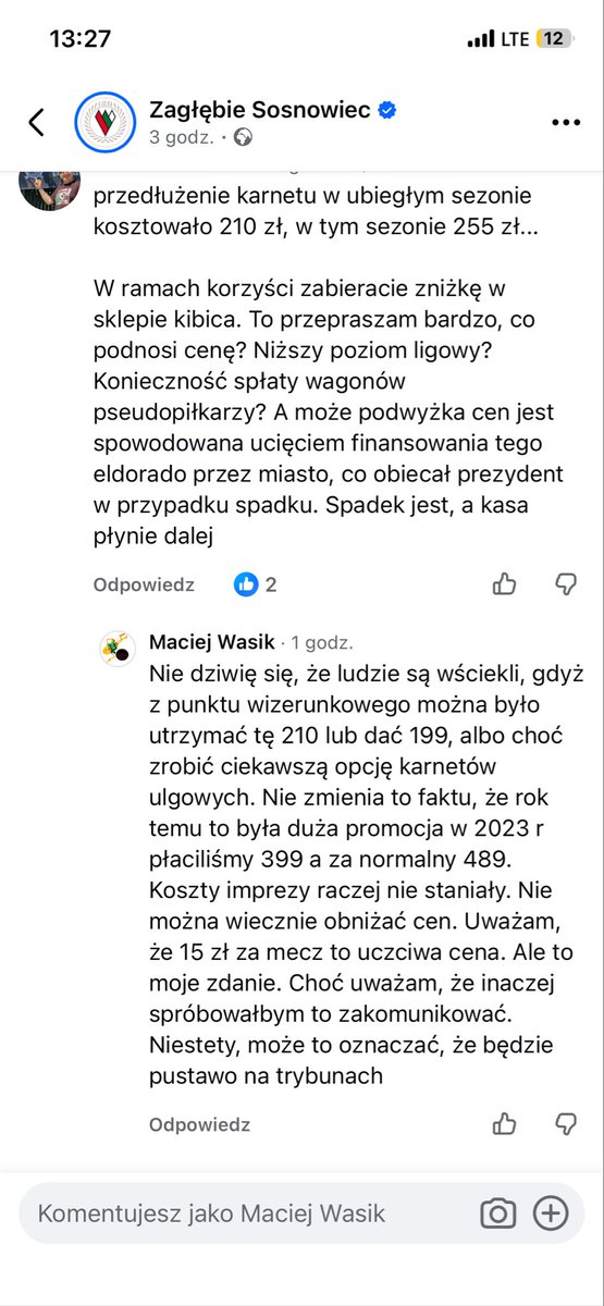 MaWasik's tweet photo. @ArturGorczynski Tak też uważam,będzie pustawo. Napisałem,że ja osob.komunikację poprowadziłbym inaczej.Nie zmienia to faktu,że nie zamierzam narzekać na 255 Osobiście Uważam,że to uczciwa cena.choć warto było w niej odnieść się do spadku i poziomu sportowego.Ktoś widocznie wolał zdenerw. Kibiców https://t.co/ibXIyRfCHe
