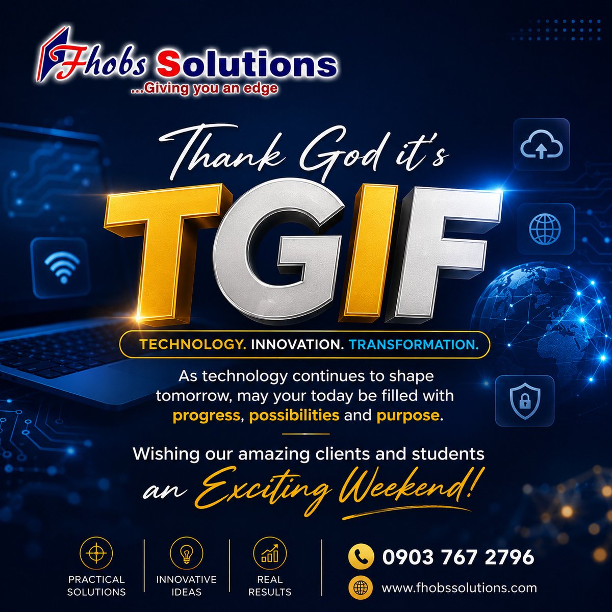 FhobsS's tweet photo. Thank God, It's Friday.
On behalf of the entire member staff of Fhobs Solutions we wish you a very exciting and relaxing weekend; you've worked so smartly and intelligently this week, you're due to have some quality rest and get refreshed for the new week ahead.
#asaba #tech https://t.co/rwEhfyuW6W