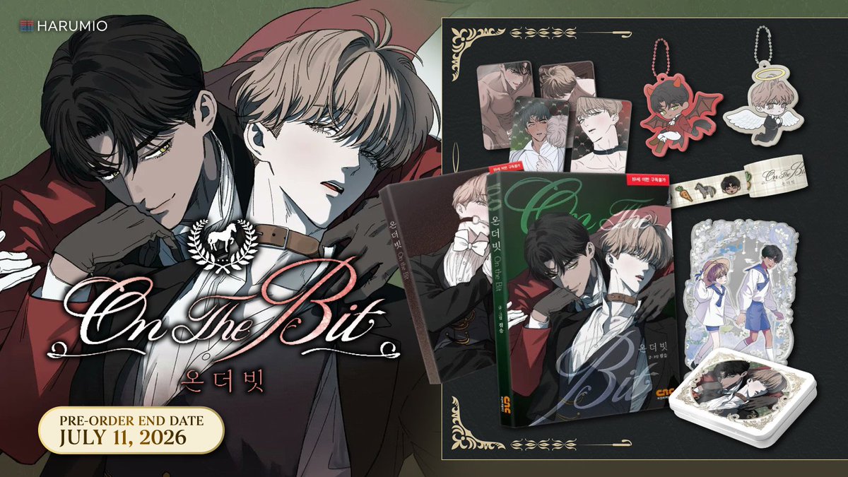 HarumioKorea's tweet photo. Hold the Reins: Grab the #OntheBit Merch Set!

Packed with collectibles featuring Vincent and Adonis—including monographs, a limited-edition book cover, a tin case, photocards, a 2-stage acrylic stand, and so much more!

Link in comment!

Pre-order ends 11th July 2026. https://t.co/JcwAmIAdLv
