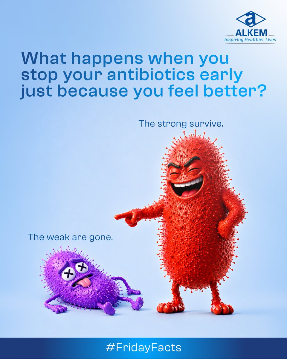 Alkem_Lab's tweet photo. Feeling better isn't the same as being infection-free. Stopping antibiotics early may leave behind the strongest bacteria. Complete the full course prescribed by your doctor.

#FridayFacts #InspiringHealthierLives #Alkem https://t.co/5TbjWEEWZ8