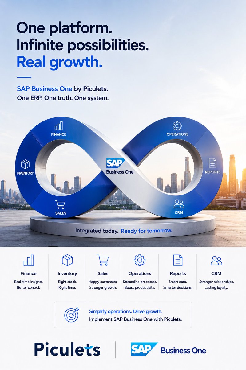 PiculetsLimited's tweet photo. Better insights create better decisions.
One ERP.
One Truth.
Infinite Possibilities.
SAP Business One helps you manage Finance, Inventory, Sales, CRM &amp; Operations—all from one intelligent platform.
Grow smarter with Piculets.
#SAPBusinessOne #SAP #ERP #DigitalTransformation https://t.co/dXsSmXiagc