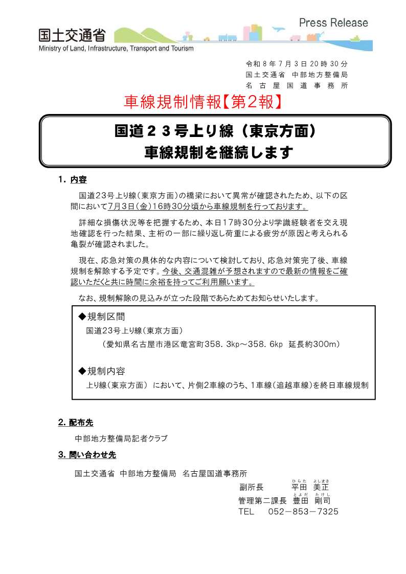 mlit_meikoku's tweet photo. 【車線規制情報（第2報）】#国道23号 上り線（東京方面）の橋梁において異常が確認されたため、7月3日から #車線規制 を行っております。
応急対策完了後、車線規制を解除する予定です。
規制区間
国道23号上り線（名古屋市港区竜宮町）
規制内容
片側２車線のうち、１車線（追越車線）を終日車線規制 https://t.co/RTijJFfWKv