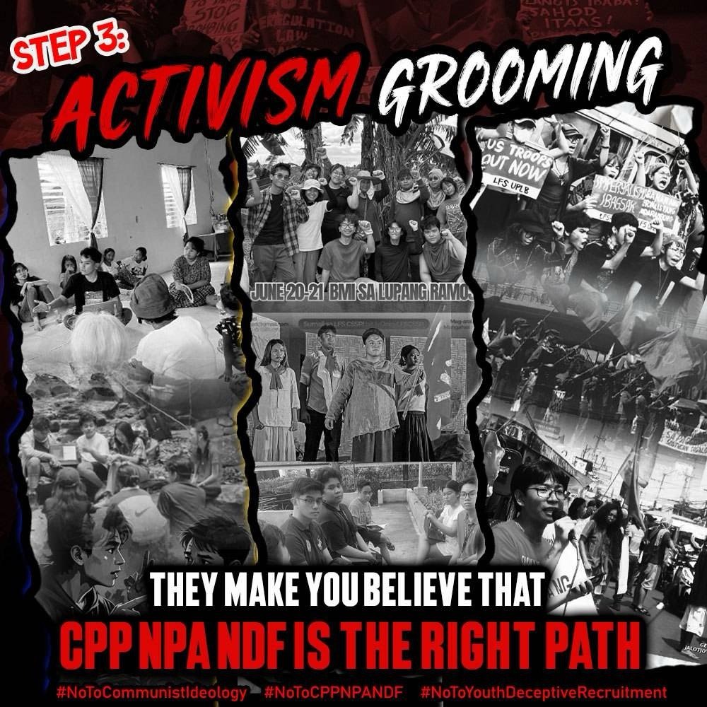 UPLBPerspect17's tweet photo. Ano nga ba ang taktika ng CPP-NPA-NDF sa pagrerekrut?
Step 3: RADICALIZATION
Kapag nabihag na ang isip mo, ipapakita nilang ang pakikibaka ay marangal at ang pagsunod sa kanilang layunin ay sukdulang sakripisyo.
#NoToCPPNPANDF
#NoToDeceptiveRecruitment
#StopTheRecruitment https://t.co/50H8JGHSQf