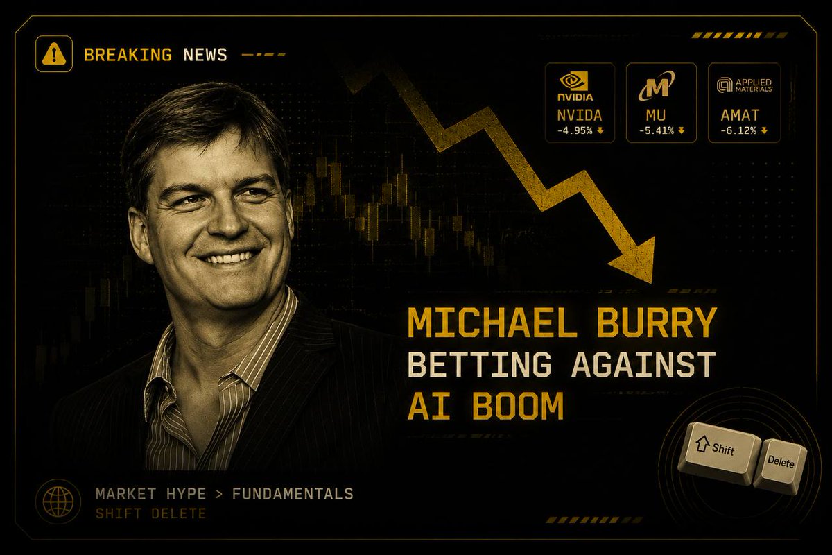 ShiftDeleting's tweet photo. 🚨BREAKING: Michael Burry, famous for predicting and profiting from the 2008 financial crisis, is now betting against the AI boom by shorting $MU , $NVDA , $AMAT 

He believes AI chip stocks have been driven more by market hype than by underlying fundamentals. https://t.co/RSKQNTJuNh