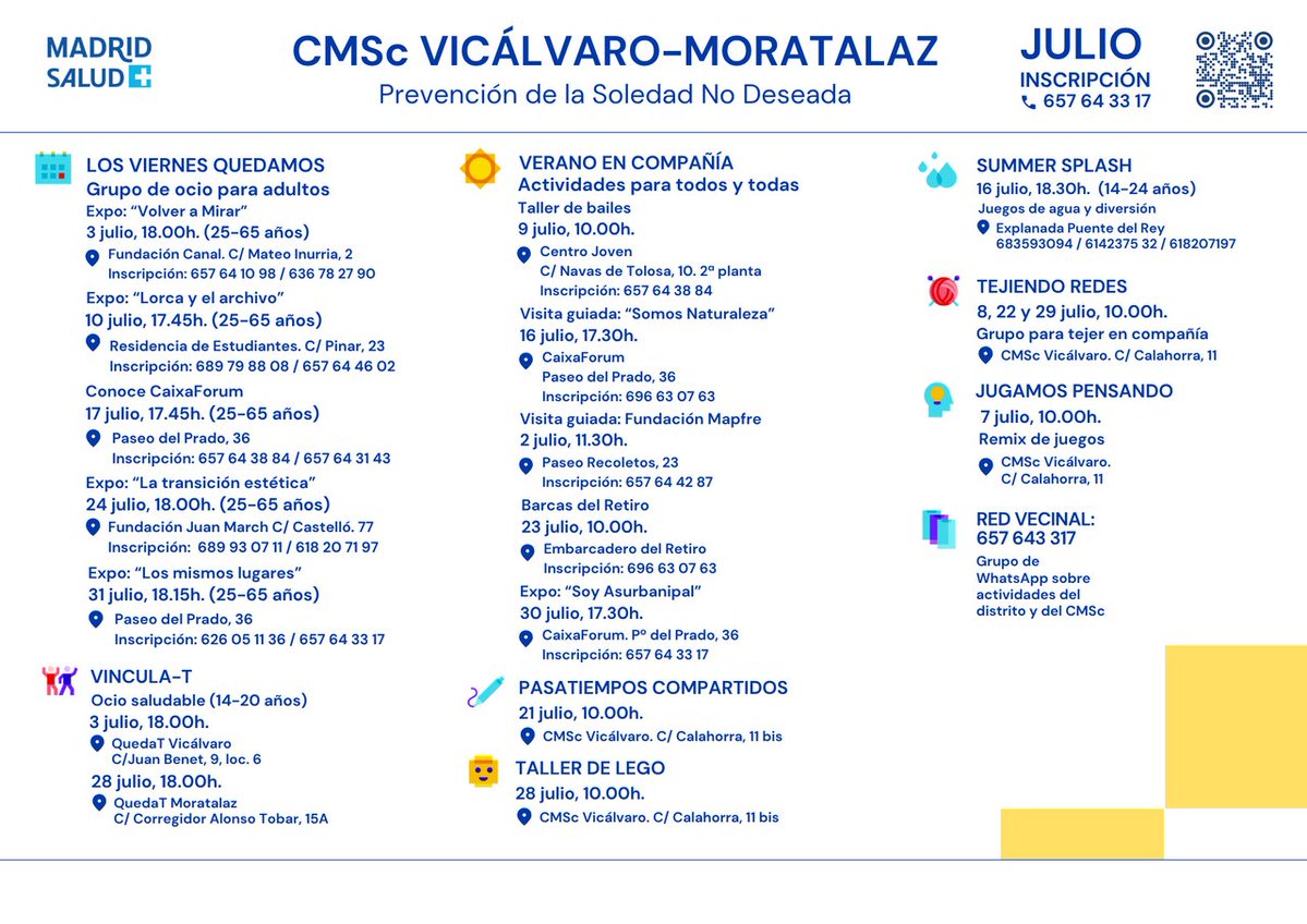JMDmoratalaz's tweet photo. El Centro Municipal de Salud Comunitaria Vicálvaro-Moratalaz ya tiene lista su programación de julio para la prevención de la soledad no deseada 🤝 

Talleres, visitas guiadas, juegos y mucho más en #Moratalaz y Vicálvaro. https://t.co/FLH7dOLQkn