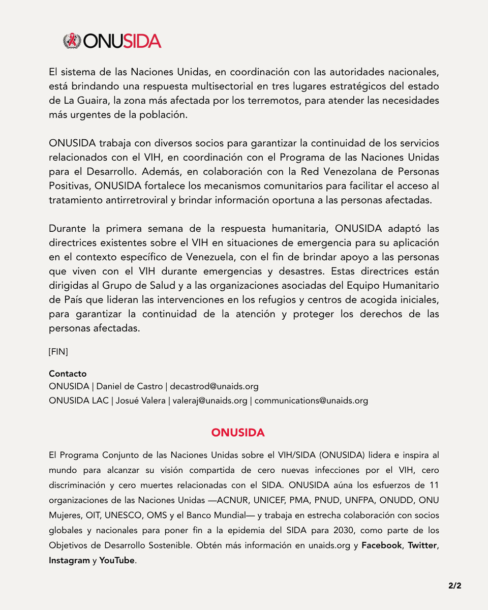 UnaidsLac's tweet photo. 📣 Nota de prensa @UnaidsLac | 🇻🇪 Acompañar a las comunidades más vulnerables y proteger los avances de la respuesta al VIH🎗️es una prioridad para ONUSIDA durante la emergencia en Venezuela.

📰 Obtén más información aquí⬇️
https://t.co/SF1MqppS7l https://t.co/PWTV9aGNmr